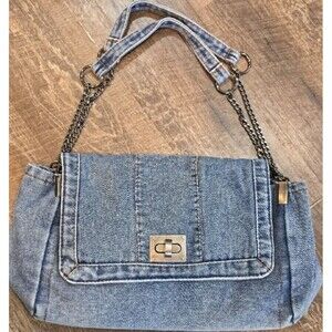 Blue Distressed Shoulder Bag Chain Strap Turn Lock Silver Hardware Women
